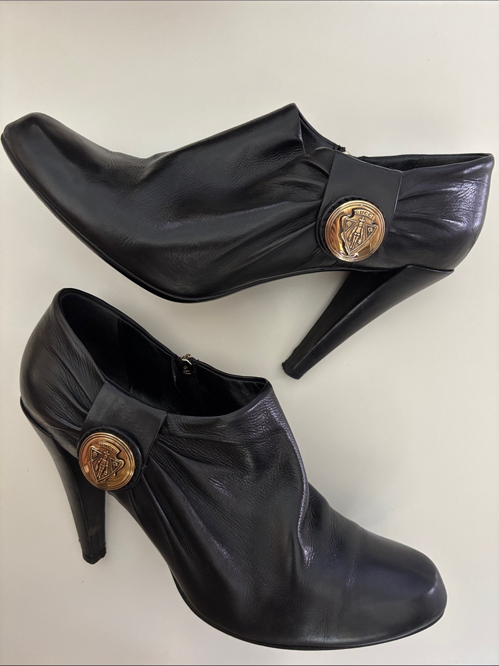 Gucci Black Leather High-Heel Ankle Booties Nero Gold Medallion Accent Size 11B